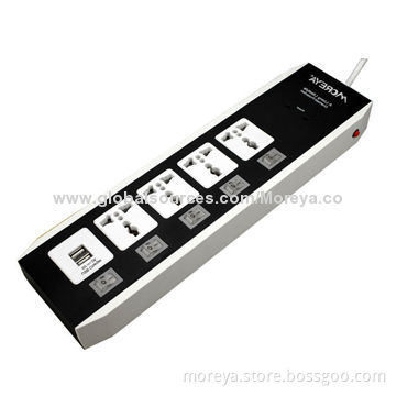 Universal Standard Power Socket with 4 Individual Switches + 2 USB Plugs, Overload Protector